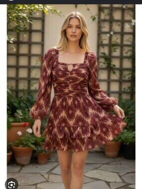 House Of Harlow 1960 Tiered Long Sleeve Mini Dress Bohemian Brown Size S #52